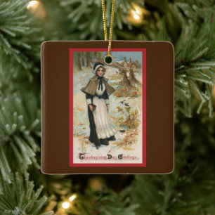 Dankzeggingsdaggroeten met een pelgrimsvrouw keramisch ornament