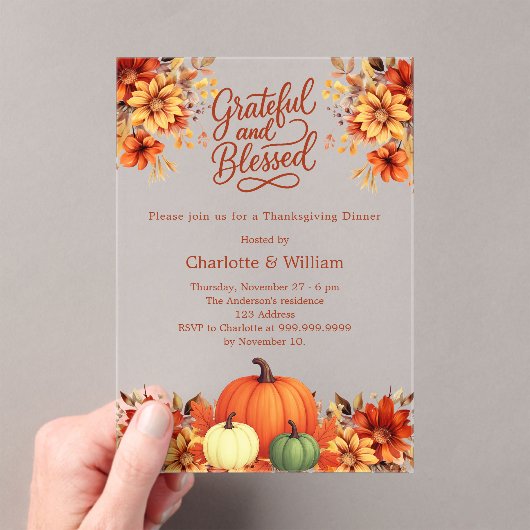 Dankzeggingsdiner oranje pompoen bloemen helder acryl uitnodigingen (Insitu (Draagbaar))