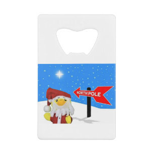 Danny Duck als Kerstman gaat naar de Noordpool. Creditkaart Flessenopener