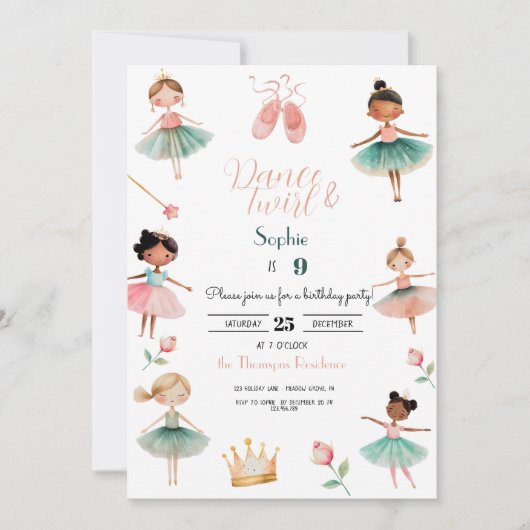 Dans & draai meisje verjaardagsfeest kaart (Voorkant)