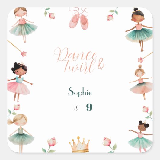 Dans & draai meisje verjaardagsfeest vierkante sticker (Voorkant)