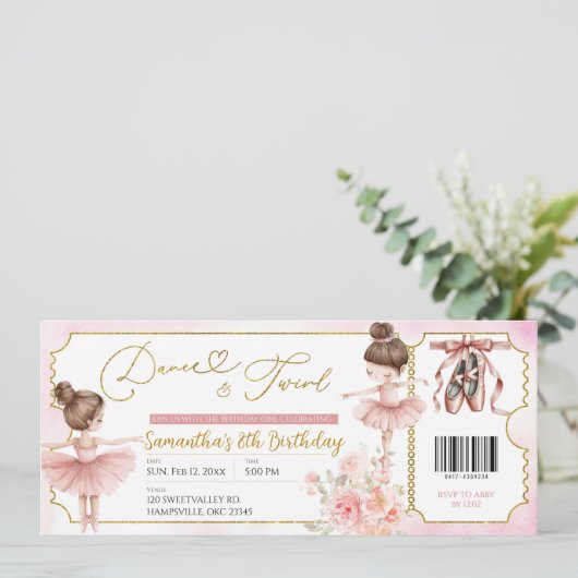 Dans en Twirl Ballerina Party Ticket Uitnodiging (Staand voorkant)