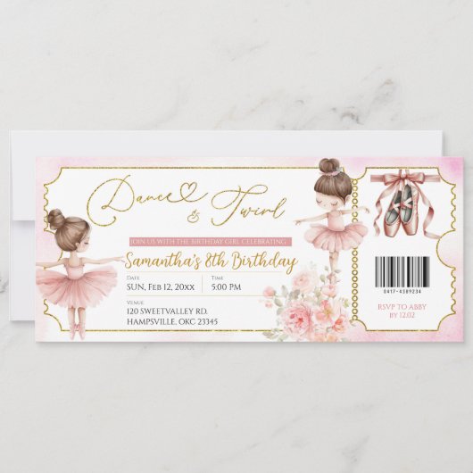 Dans en Twirl Ballerina Party Ticket Uitnodiging (Voorkant)