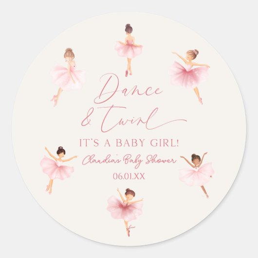 Dans en Twirl Ballerina Roze Ballet Baby shower Ronde Sticker (Voorkant)