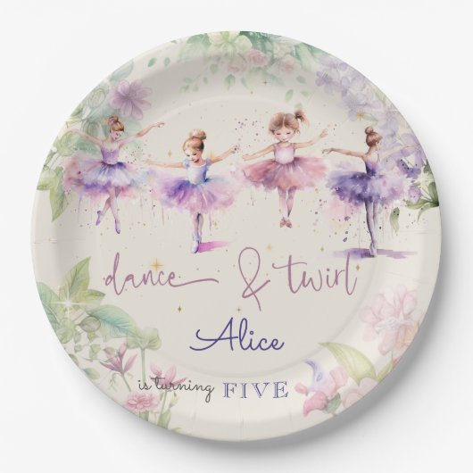 Dans en twirl ballerina waterverf verjaardag papieren bordje (Voorkant)