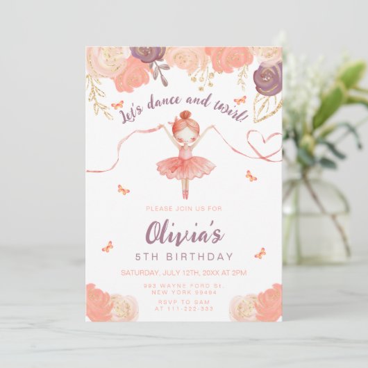 Dans en Twirl Bloemen Ballerina Meisje Verjaardag Kaart (Staand voorkant)