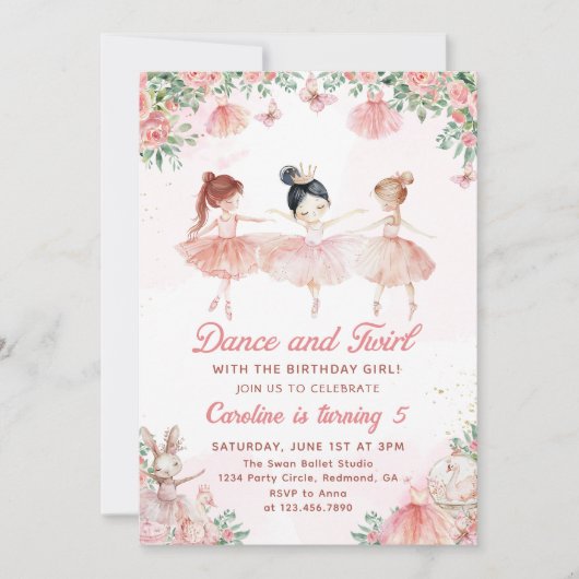 Dans & Twirl Ballerina Girl Verjaardag Uitnodiging (Voorkant)