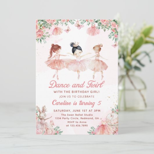Dans & Twirl Ballerina Girl Verjaardag Uitnodiging (Staand voorkant)
