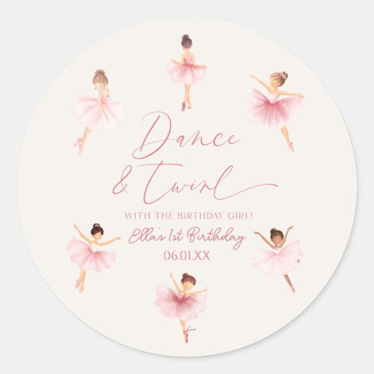 Dans & Twirl Roze Ballerina Ballet Verjaardagsfees Ronde Sticker (Voorkant)