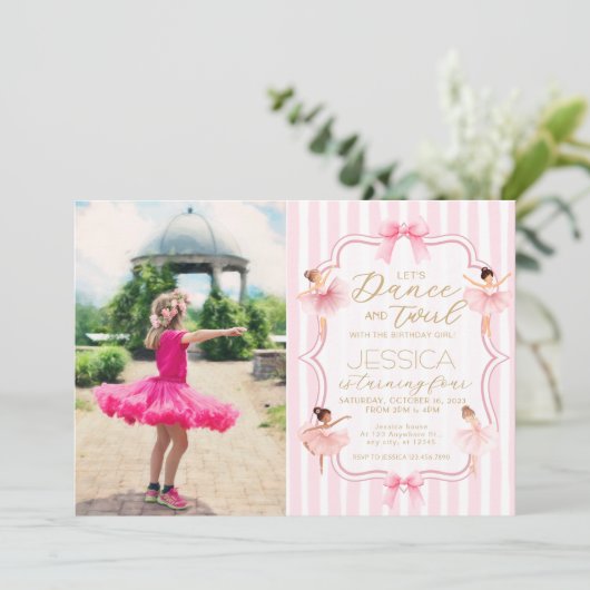 Dans & Twirl Roze Ballerina Foto Verjaardagsfeest Kaart (Staand voorkant)