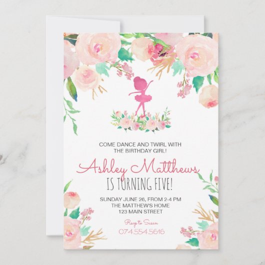 Dans verjaardag, ballerina, verjaardagsuitnodiging kaart (Voorkant)