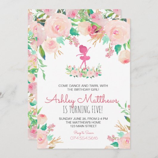 Dans verjaardag, ballerina, verjaardagsuitnodiging kaart (Voorkant / Achterkant)