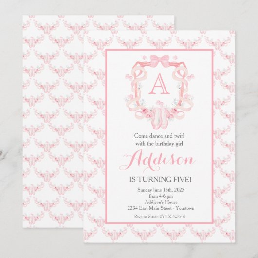 Dans verjaardag, ballerina, verjaardagsuitnodiging kaart (Voorkant / Achterkant)