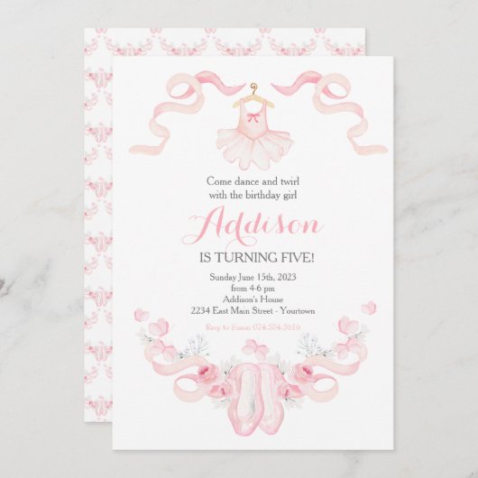 Dans verjaardag, ballerina, verjaardagsuitnodiging kaart (Voorkant / Achterkant)