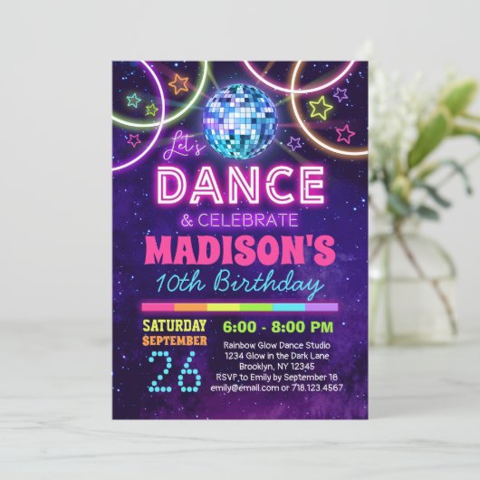 Dans Verjaardag Meisjes Neon Disco Dance Party Kaart (Staand voorkant)