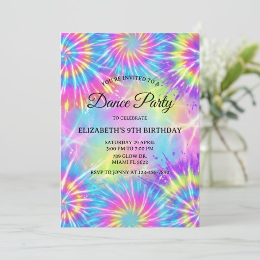 Dans Verjaardagsfeest Tie Dye Glow Dans Disco Kaart (Staand voorkant)