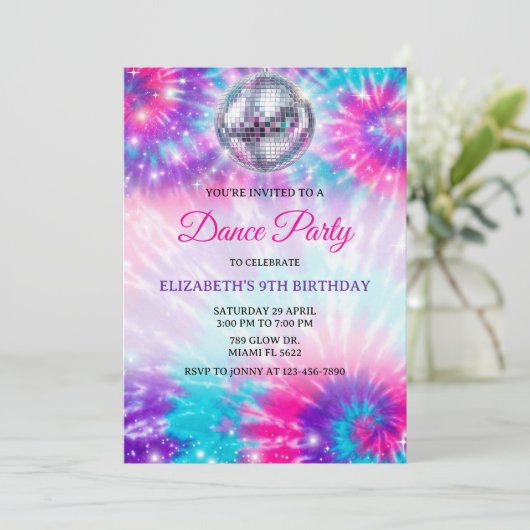 Dans Verjaardagsfeest Tie Dye Glow Dans Disco Kaart (Staand voorkant)