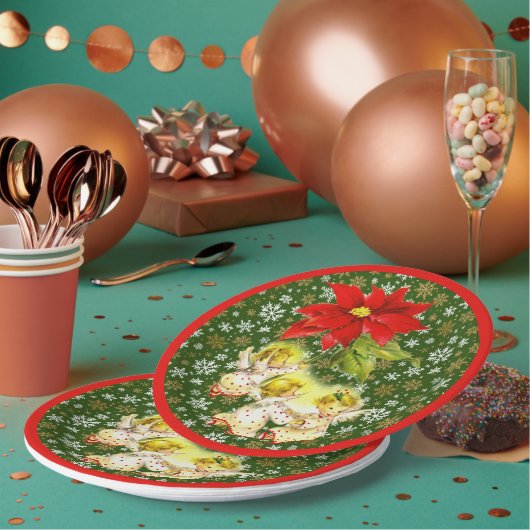 Dansen Baby Angels met Sneeuwvlokken op Groen Papieren Bordje (Multi)