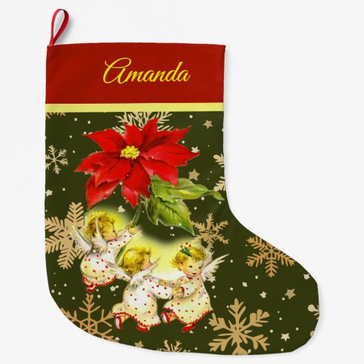 Dansen Baby Angels op groen met gouden sneeuwvlokk Grote Kerstsok (Voorkant)