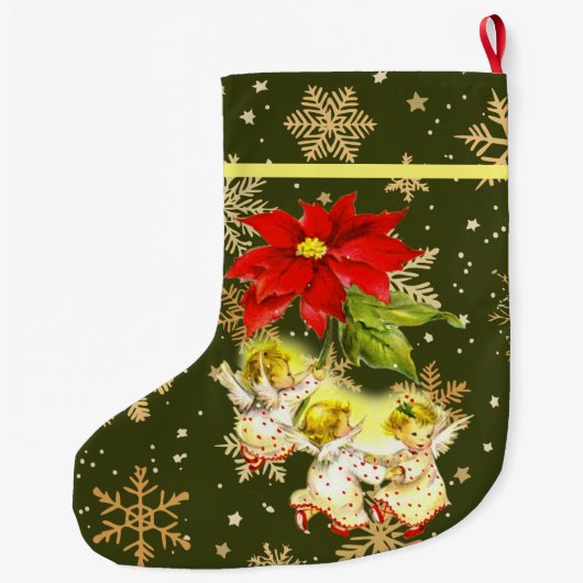 Dansen Baby Angels op groen met gouden sneeuwvlokk Grote Kerstsok (Achterkant)