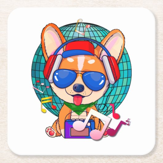 Dansen Corgi Kawaii Schattige, Muziekpup Kartonnen Onderzetters (Voorkant)
