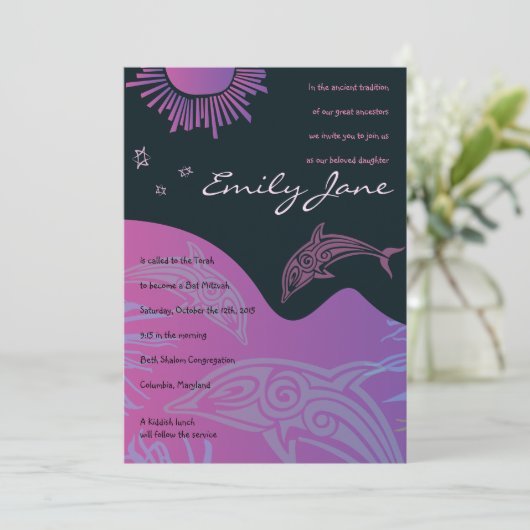 DANSEN DOLFIJNEN Bat Mitzvah Uitnodiging in roze (Staand voorkant)