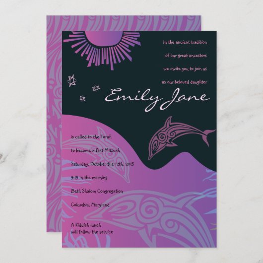 DANSEN DOLFIJNEN Bat Mitzvah Uitnodiging in roze (Voorkant / Achterkant)