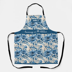 "Dansen in de keuken" - Blue Floral Custom Name Schort