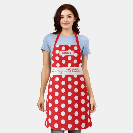 "Dansen in de keuken" – Rode polka stippen Schort (Gedragen)