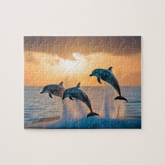 Dansen in de schemering: drie dolfijnen springen legpuzzel (Horizontaal)
