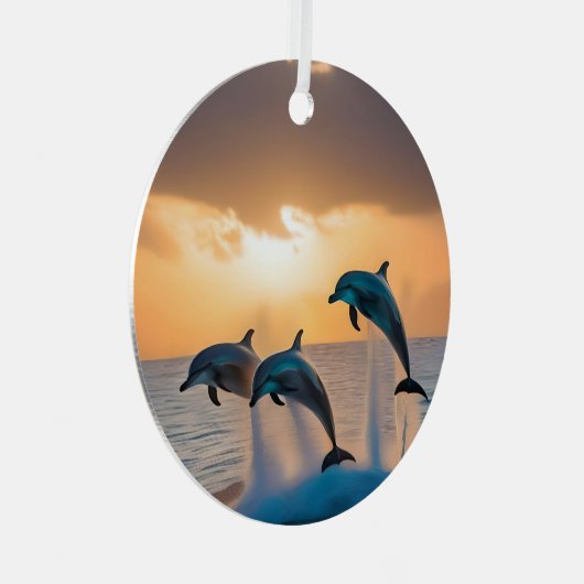 Dansen in de schemering: drie dolfijnen springen metalen ornament (Voorkant Rechts)