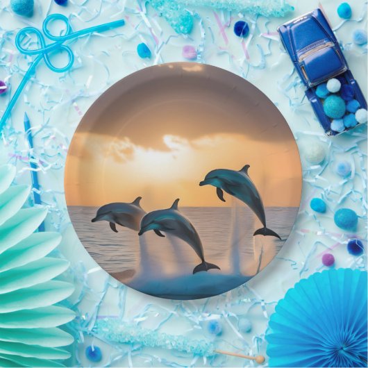 Dansen in de schemering: drie dolfijnen springen papieren bordje (Feest)