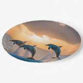 Dansen in de schemering: drie dolfijnen springen papieren bordje (Gekanteld)
