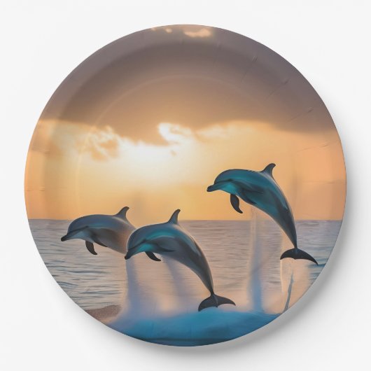 Dansen in de schemering: drie dolfijnen springen papieren bordje (Voorkant)