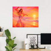 Dansen op het strand onder de zonsondergang op een poster (Thuiskantoor)