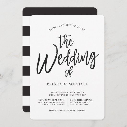 Dansen Script Black|White Wedding Striped Back Kaart (Voorkant / Achterkant)