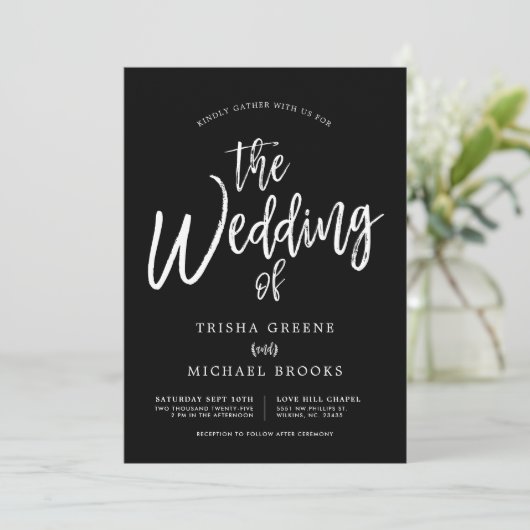 Dansen Script White op Black Wedding Kaart (Staand voorkant)