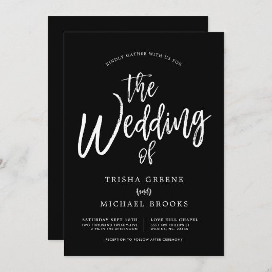 Dansen Script White op Black Wedding Kaart (Voorkant / Achterkant)