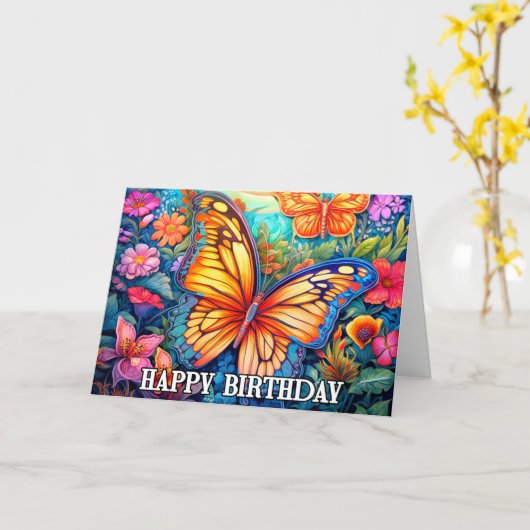 Dansen Spring Butterfly Art Happy Birthday Kaart (Gele Bloem)