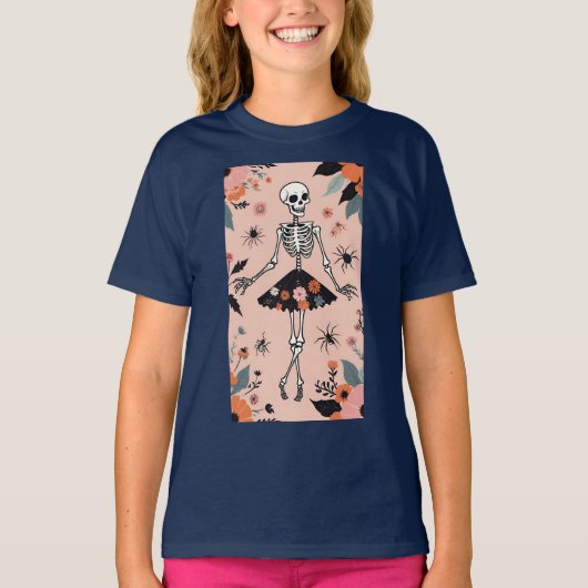 Dansend Halloween skelet in een bloemenrok T-shirt (Voorkant)