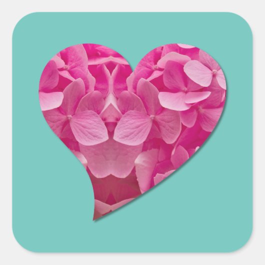 Dansend Hart Roze Hydrangea Bloem op Blauwgroen Bl Vierkante Sticker (Voorkant)