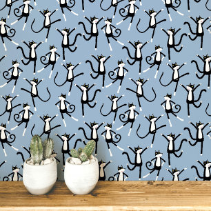 Dansend kattenpatroon blauw behang