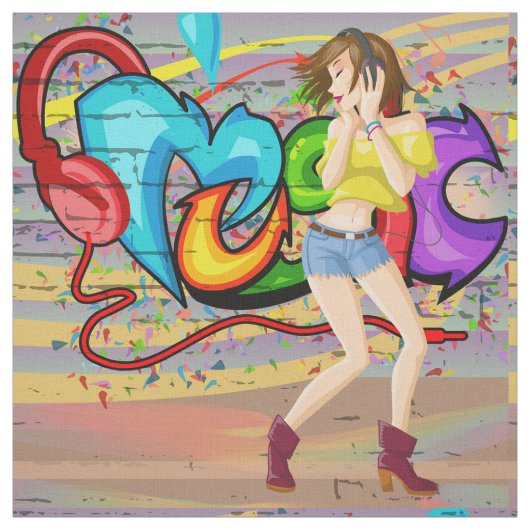 Dansend Meisje 2 Muziek Graffiti Muurstof Stof (Swatch)