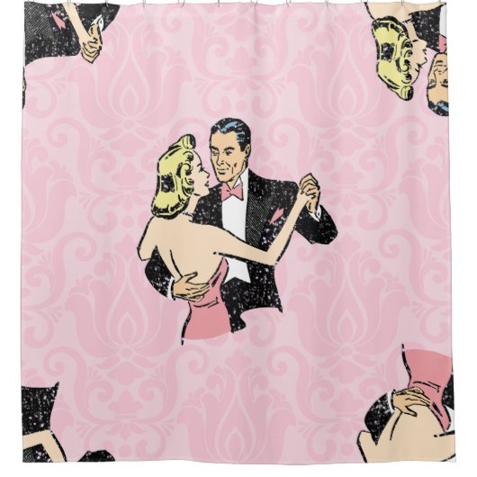 Dansend paar  balzaal roze damast douchegordijn (Voorkant)