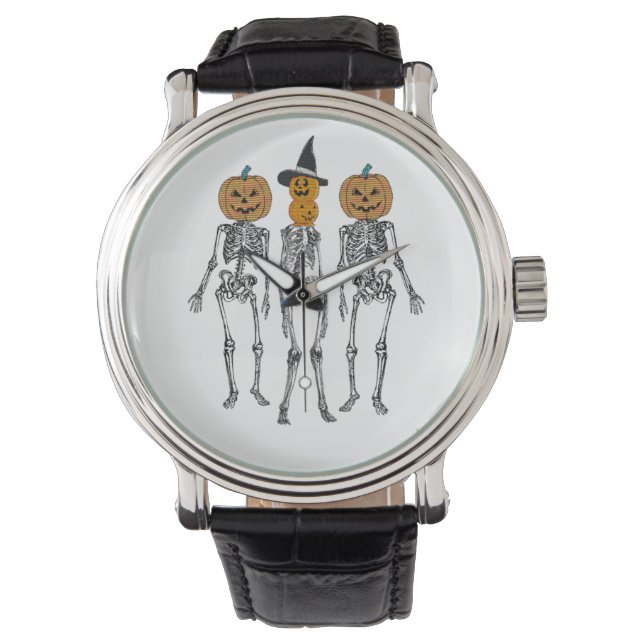 Dansend Skelet Pompoen Hoofd Grappige Halloween Horloge (Voorkant)