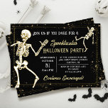 Dansend Skelet Zwart Goud Halloween Feest Kaart<br><div class="desc">Dansend Skeleton Gold Glitter Halloween Party Invitation</div>