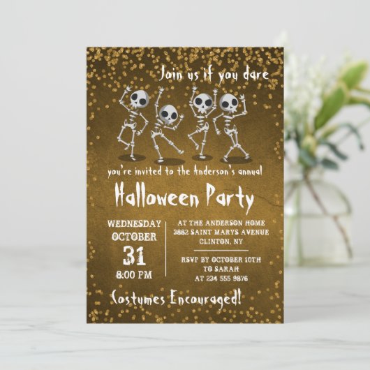 Dansend Skeleton Gold Glitter Halloween Party Kaart (Staand voorkant)