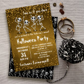 Dansend Skeleton Gold Glitter Halloween Party Kaart