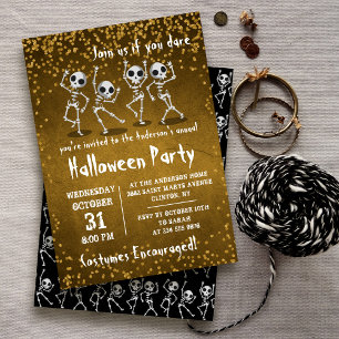 Dansend Skeleton Gold Glitter Halloween Party Kaart