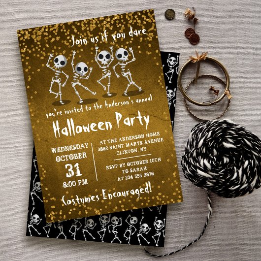 Dansend Skeleton Gold Glitter Halloween Party Kaart